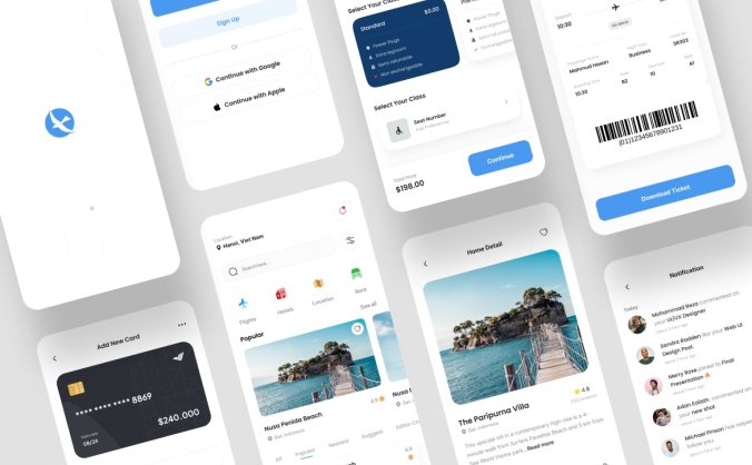 蓝色清爽旅行旅游酒店预订APP UI界面素材包(Figma)