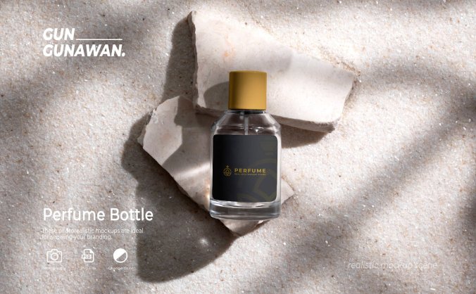 带光影效果的石头白沙背景上的香水瓶PSD样机素材