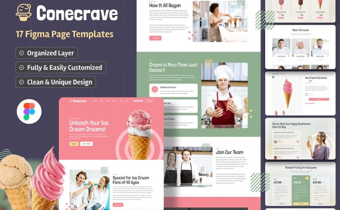 粉色冰淇淋蛋糕糖果店UI网页模版(Figma)