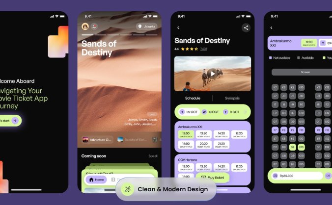 紫色电影票移动应用APP UI界面素材包