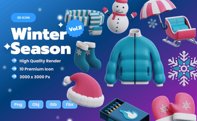 10个冬季3D元素图标素材包(PNG,FBX,OBJ)