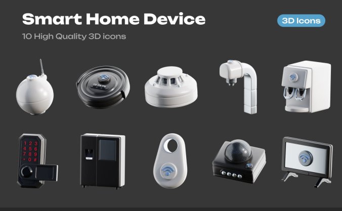 10个黑白质感智能家居家电设备3D图标素材包（PNG,FBX,OBJ）