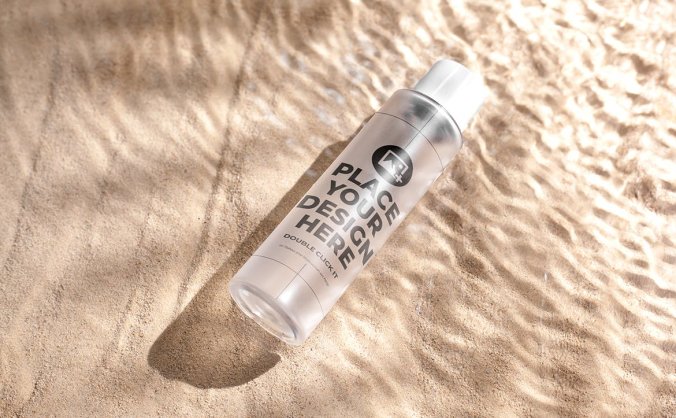 光感十足的沙子水波背景上的血清瓶子PSD样机素材