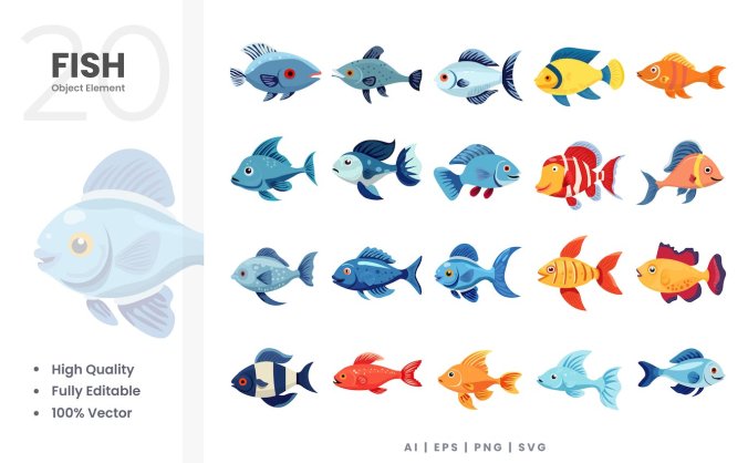 20个可爱的鱼矢量元素素材包（AI,EPS,PNG,SVG）