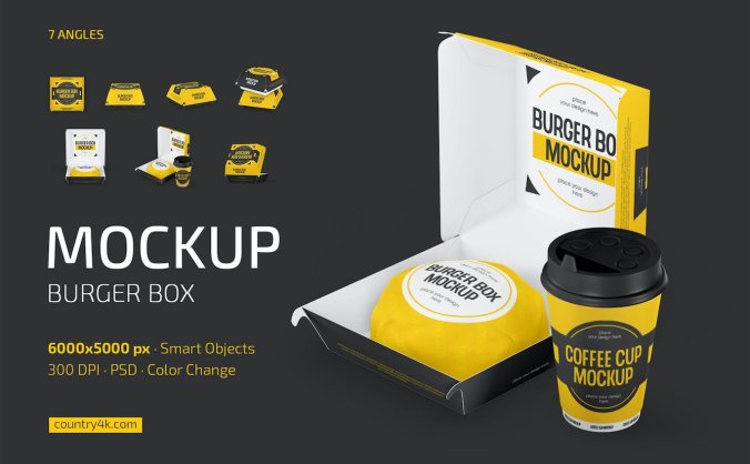 黄颜色汉堡盒PSD样机素材包