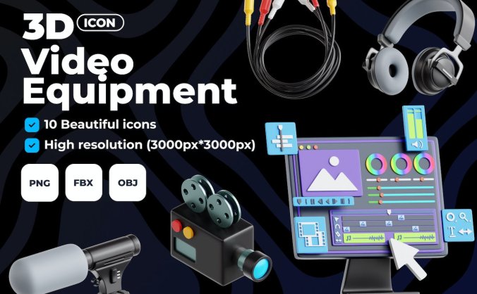 10个漂亮的黑色3D视频设备图标素材包（PNG,FBX,OBJ）
