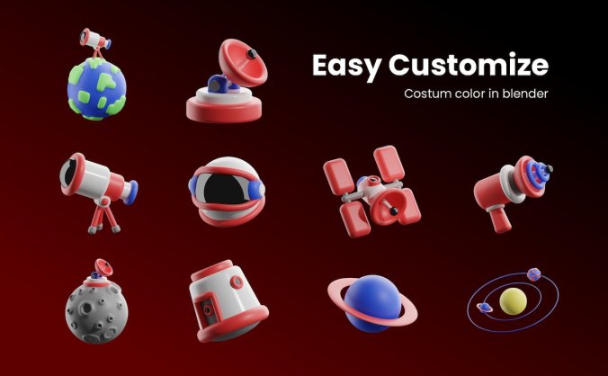 Blender太空空间主题3D图标素材包(FBX,OBJ,Blender)