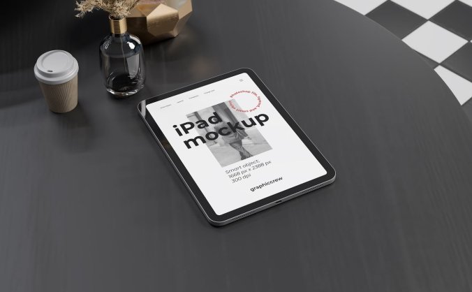 放在黑色桌子上的iPad样机PSD素材包