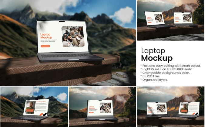 在户外展示的笔记本电脑PSD样机素材包