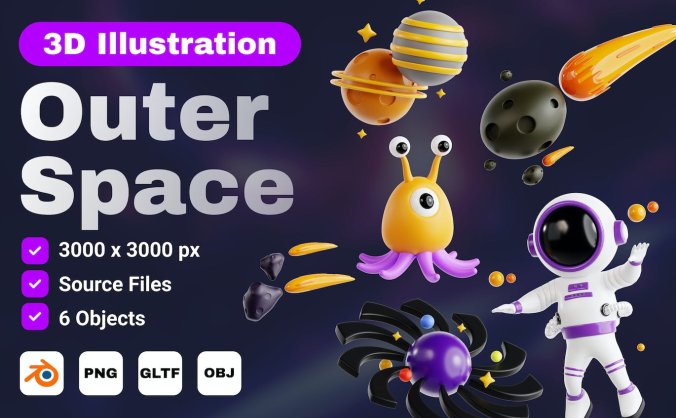 一组外太空宇宙元素3D图标素材包