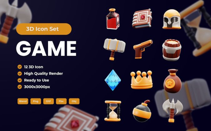 12个游戏资产相关3D图标素材