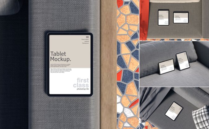 放在沙发上的平板电脑PSD样机素材包