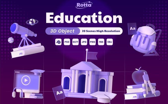 20个紫色教育主题3D图标模型素材包