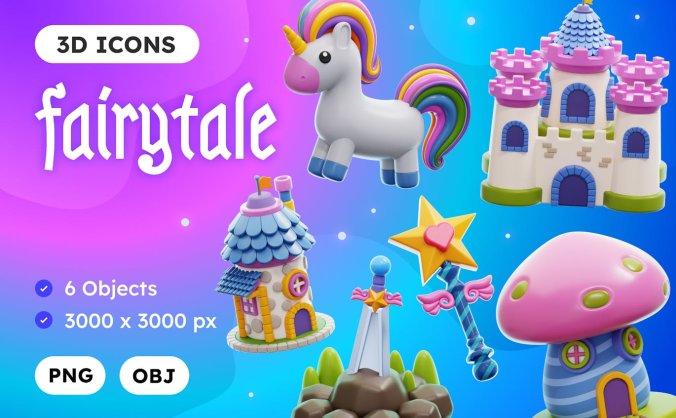 6个童话故事主题元素3D插画ICON图标素材包