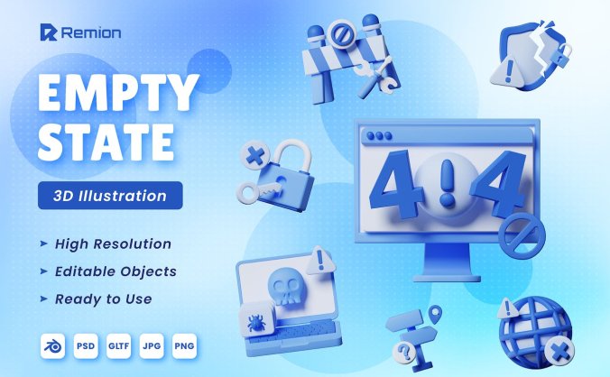 404空状态3D图标素材包（PNG,PSD,Blender,OBJ,GLTF,FBX）