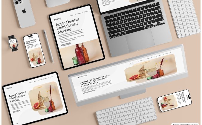 苹果智能产品套装分层样机屏幕PSD素材包