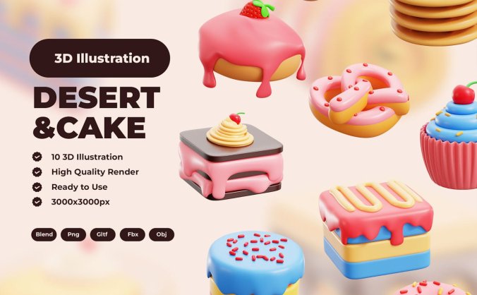 10个甜点蛋糕甜甜圈主题3D模型素材包