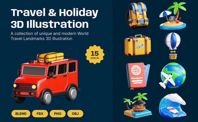 15个旅行度假主题3D图标素材包