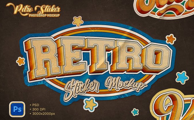 一套复古风格贴纸PSD样机素材包