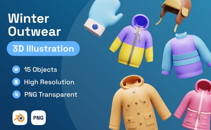 15个冬季外套服装主题3D图标素材包（PNG,Blender）