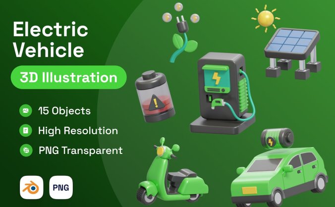 15个绿色新能源电动汽车3D插图素材包(PNG,Blender)