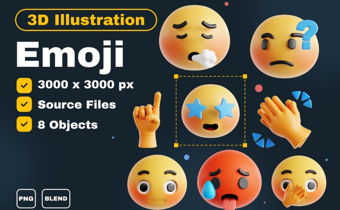 8个3D表情符号图标素材包(PNG,Blender)