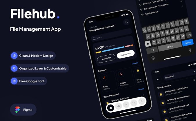黑色文件管理文件搜索查看页面移动APP UI Kit素材包