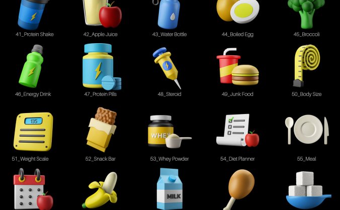 20个健身减脂减肥食品主题3D图标模型素材包