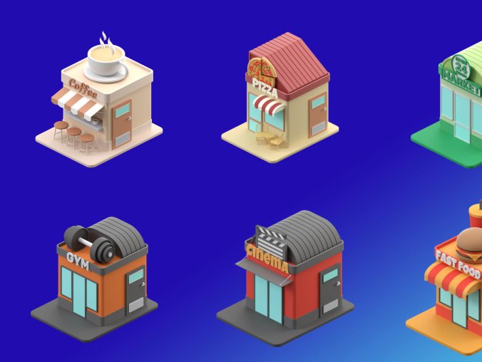 10个不同风格样式的3D卡通房子模型素材包