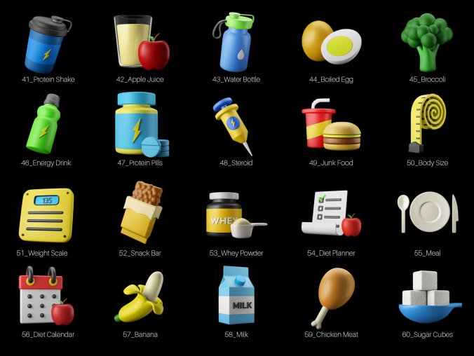 20个健身减脂减肥食品主题3D图标模型素材包