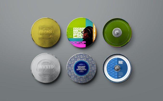 逼真有质感的金属CD盒样机圆形锡PSD素材包