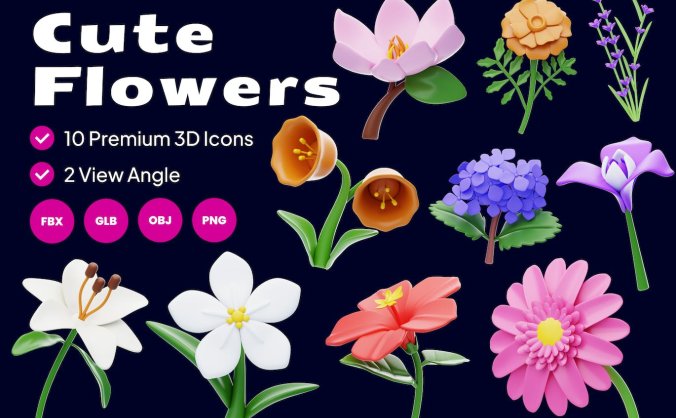 逼真可爱的3D花朵模型图标素材包