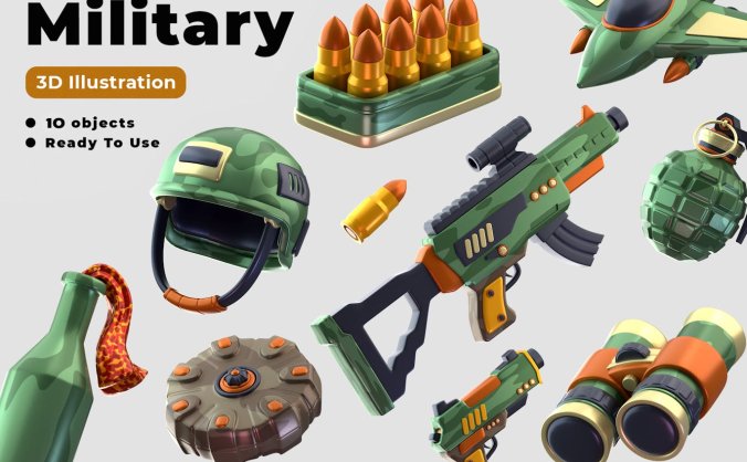 10个漂亮的军事武器主题3D图标模型素材包