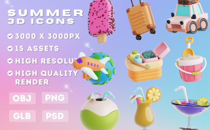夏季主题3D图标模型素材包