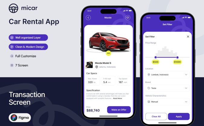 紫色租车交易应用APP UI KIT素材包