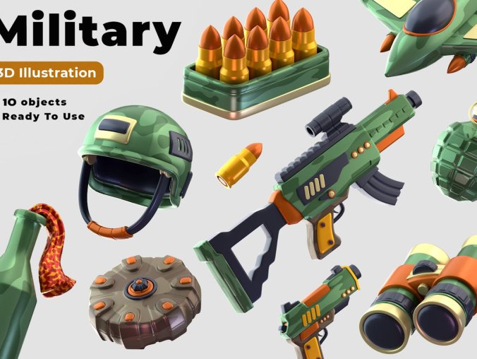 10个漂亮的军事武器主题3D图标模型素材包