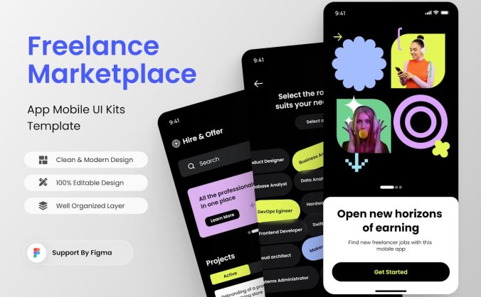 黑色酷炫自由职业市场应用APP UI界面素材包