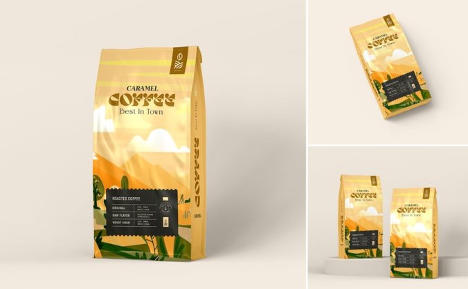 光面箔咖啡袋包装PSD样机素材包