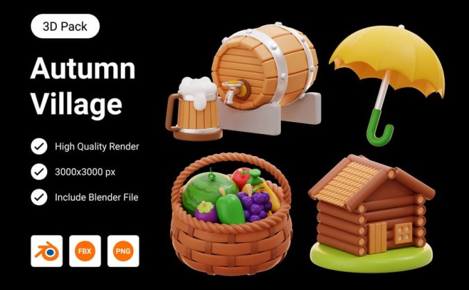 秋天的村庄3D图标素材包