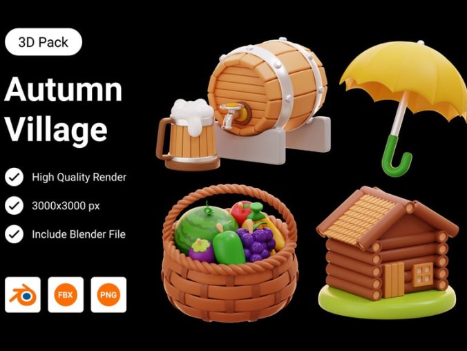 秋天的村庄3D图标素材包