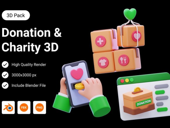 可爱有趣的慈善和捐赠3D图标模型素材包