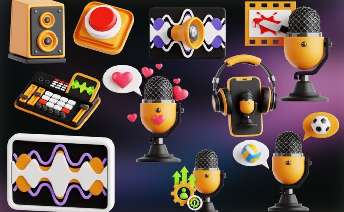 黄黑配色播客主题3D图标素材包