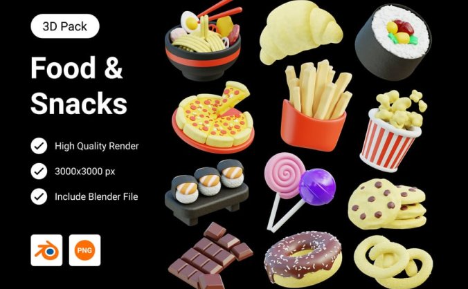 食品和零食3D插画图标素材包