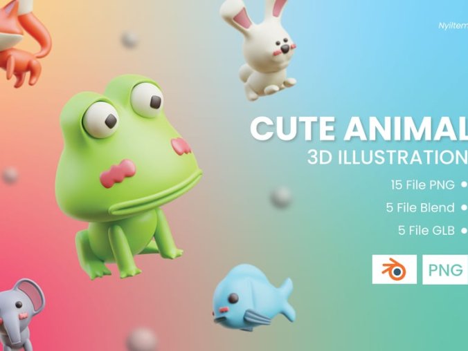 5个超级可爱的动物3D插图素材包