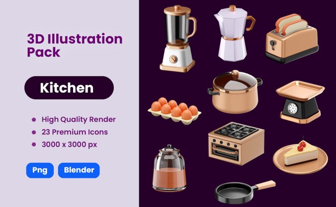 厨房烹饪3D插画图标素材包