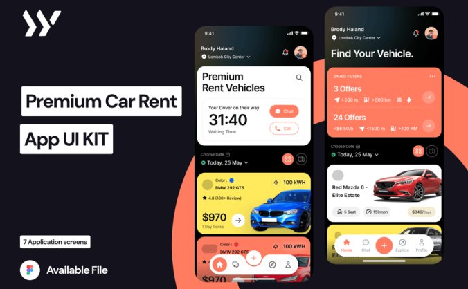 7个橙黑色高级汽车租赁主题APP UI KIT素材包