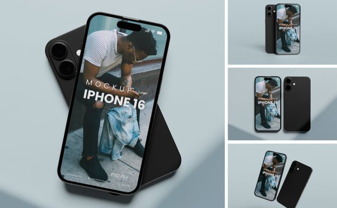 逼真的iPhone 16手机PSD样机素材包