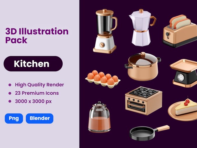 厨房烹饪3D插画图标素材包