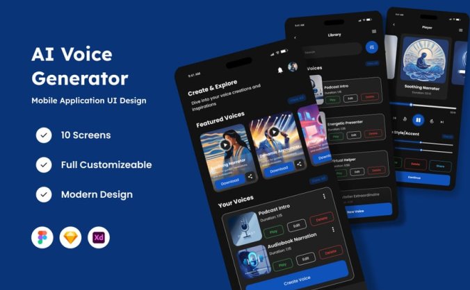 人工智能语音生成器移动应用APP UI KIT