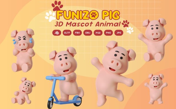 猪吉祥物动物3D卡通模型